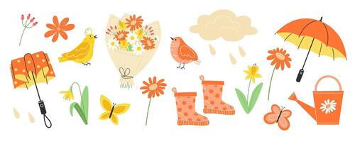 Spring Collection of Bright and Cheerful Elements in Flat Style. Cute garden accessories for spring and summer vector