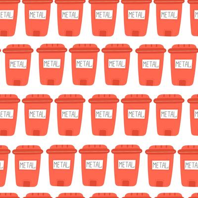 Flat Style Seamless Pattern Featuring Red Metal Waste Containers on a White Background