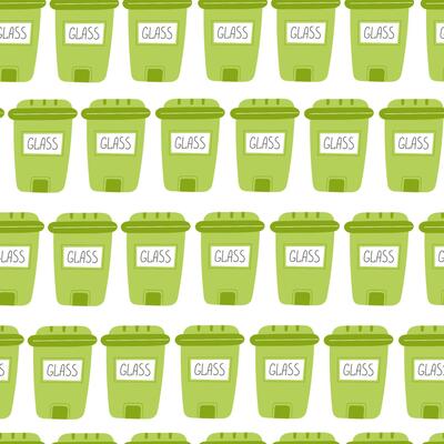 Flat Style Seamless Pattern Featuring Green Glass Recycling Containers on a White Background