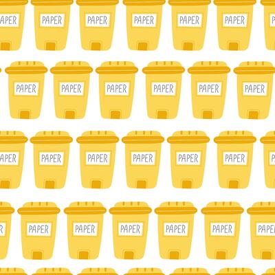 Seamless Pattern of Yellow Paper Recycling Bins on a White Background in Flat Style
