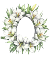 Watercolor Easter Lily flower frame in egg shape on transparent background. Space for text. png