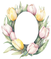 Watercolor Easter wreath. Tulip flower frame in egg shape on transparent background. Space for text. png