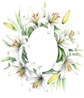 Watercolor Easter wreath. Lily flower frame in egg shape on transparent background. Space for text. png
