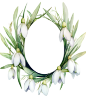 Watercolor Easter Snowdrop flower wreath frame in egg shape on transparent background. Space for text. png