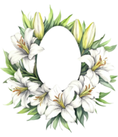 Watercolor Easter Lily flower wreath frame in egg shape on transparent background. Space for text. png