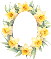 Watercolor Easter Daffodils flower wreath frame in egg shape on transparent background. Space for text. png