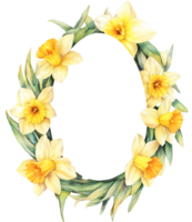 Watercolor Easter wreath. Daffodils flower frame in egg shape on transparent background. Space for text. png
