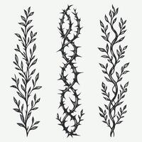 Detailed line art of twigs and thorns. Seamless pattern with tree branches. Set of black branches with spikes illustration. Illustration of the crowns of thorns on a white background. vector