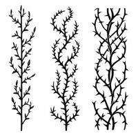 Seamless pattern with tree branches with spikes illustration, silhouettes of twigs and leaves illustration, hand drawn branches with leaves in doodle style. Illustration of the crowns of thorns. vector
