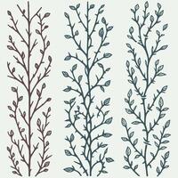 Detailed line art of twigs and thorns. Seamless pattern with tree branches. Botanical Illustration of Vines, Leaves, and Thorny Stems, black silhouettes of twigs and leaves illustration. vector