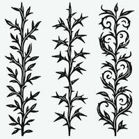 Decorative line art of twigs and thorns. Seamless pattern with tree branches. Close-up of black and white thorny branches. Botanical Illustration of Vines, Thorny Stems, silhouettes of leaves. vector