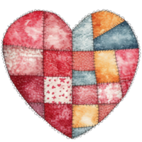 A beautiful, multi-colored heart made from patchwork, symbolizing love and warmth, with a hand-stitched appearance and decorative edging. png