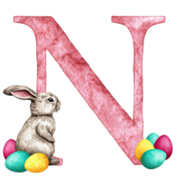An Easter illustration with the letter N and Easter bunny and eggs. A perfect addition to any Easter design project png