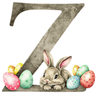 A charming Easter illustration featuring a bunny, colorful eggs, and the letter Z png
