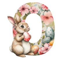 an adorable bunny holding a painted egg next to a decorative letter O with floral accents and easter eggs. The image captures the essence of Easter with a charming design png