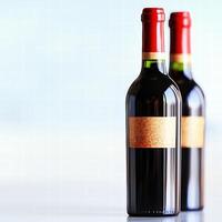 Two elegant bottles of wine standing together on a rustic table with a soft ambient light surrounding photo