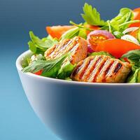 A healthy salad featuring grilled chicken and fresh vegetables served in a bowl for nutritious eating photo