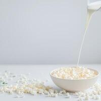 Pouring milk into bowl of popcorn photo