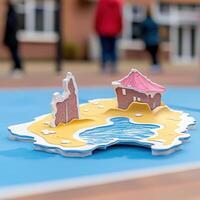 Adorable miniature house model displayed on a wooden table surrounded by natural light and decor photo