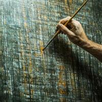 A person holding a paintbrush and painting on a wall photo