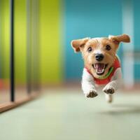Energetic dog running playfully across a soft indoor floor with natural light illuminating the scene photo