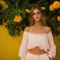 A woman in a pink top and skirt standing in front of a yellow wall photo