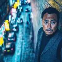 A man standing in a city street with cars and buildings in the background photo