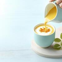 A person pouring orange juice into a cup photo