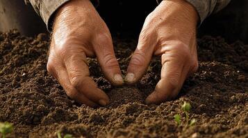 A person's hands are in the soil with a small plant photo