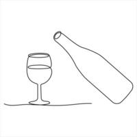 Wine bottle and wine glass drawing with one continuous line drawing vector