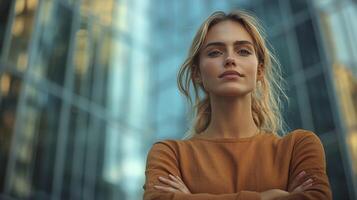 Confident Businesswoman Posing Outside Modern Office Building in Urban Setting photo