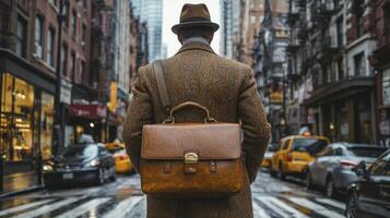 Businessman Holding Briefcase Walking in Urban Environment with Cityscape Background photo