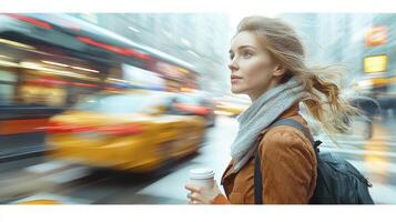 Businesswoman Crossing Street with Coffee in Busy Urban Environment photo