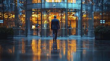 Confident CEO Walking Towards Modern Glass Building at Nighttime photo