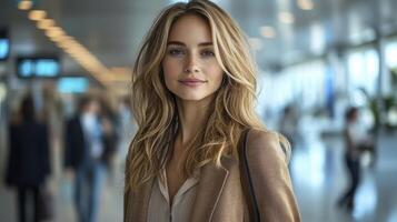 Confident Businesswoman Standing in Modern Airport Terminal with Professional Attire photo