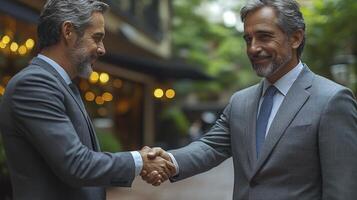 Confident Business Executives Shaking Hands in Modern Urban Environment photo