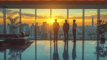 CEO Discussing Annual Projects with Team Against Sunset City Background photo