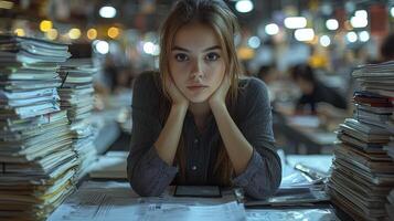 Businesswoman Focused on Work Surrounded by Paperwork in a Busy Office Environment photo
