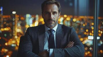 Professional CEO in Modern Office Setting with Cityscape Background at Night photo