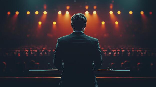 CEO Delivering Inspiring Speech at Motivational Corporate Event with Stage Lights photo
