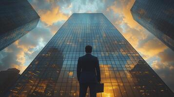 Confident Business Executive Overlooking Skyscrapers at Sunset in Urban Environment photo