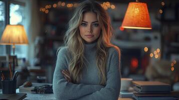 Businesswoman Writing Notes in Cozy Office with Warm Lighting and Soft Atmosphere photo