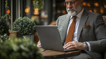 Businessman Focused on Laptop Working in Modern Cafe with Greenery and Warm Lighting photo