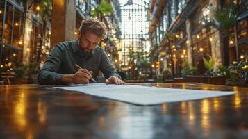 CEO Signing Contract in Modern Office Environment with Natural Lighting and Plants photo