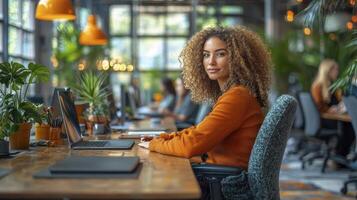 CEO Engaging with Her Team in a Modern Office Environment Filled with Plants photo