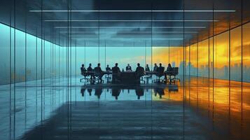 CEO Signing Contract in Modern Conference Room with City View at Sunset photo