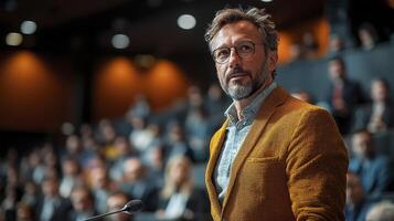 Confident CEO Speaking Engagement in Conference Hall with Engaged Audience photo
