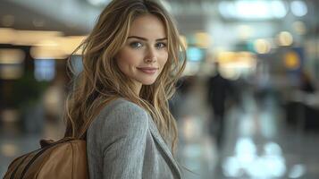Businesswoman Walking in Modern Environment with Bright Ambiance and Soft Focusing photo