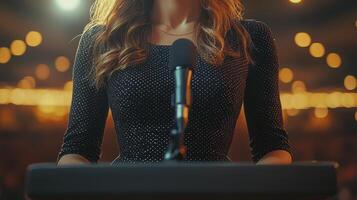 Businesswoman Standing Confidently at Podium in Brightly Lit Conference Venue photo