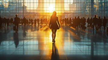 Confident Businesswoman Walking Through Busy Terminal at Sunrise photo